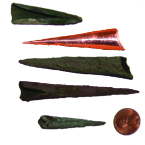 The old and new - Copper Points. Comparison of authentic points with copper point made by Bob Berg of Thunderbird Atlatl