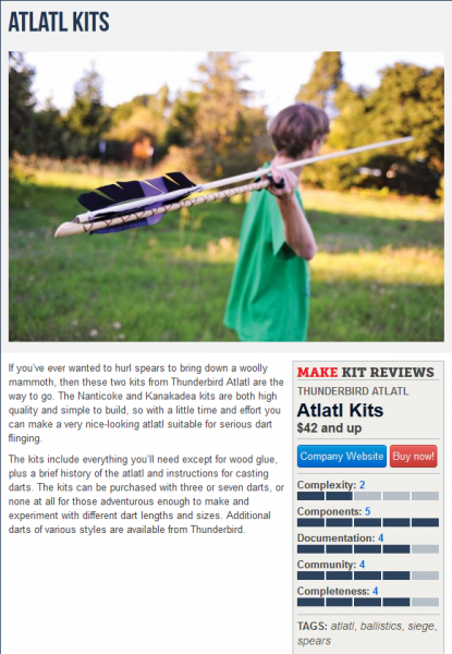 Our Kanakdea Atlatl Kit with a dart kit as featured in Make Magazine